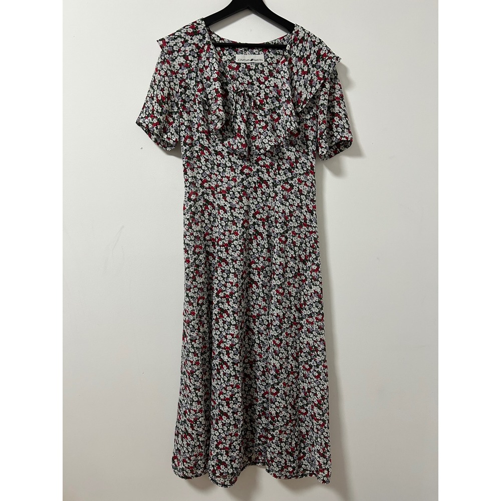Y2K Jonathan Martin Daisy Floral Ruffle V-Neck Midi Dress Womens Cottagecore